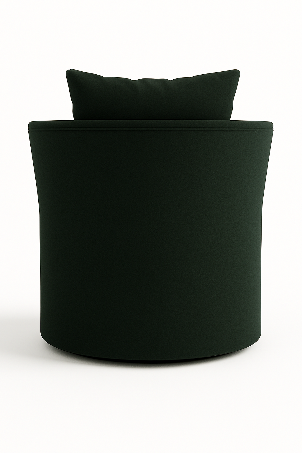 Rear view of a deep green wool-upholstered swivel chair with a rounded barrel back and loose back cushion, showing smooth fabric upholstery and a concealed leather-framed base.