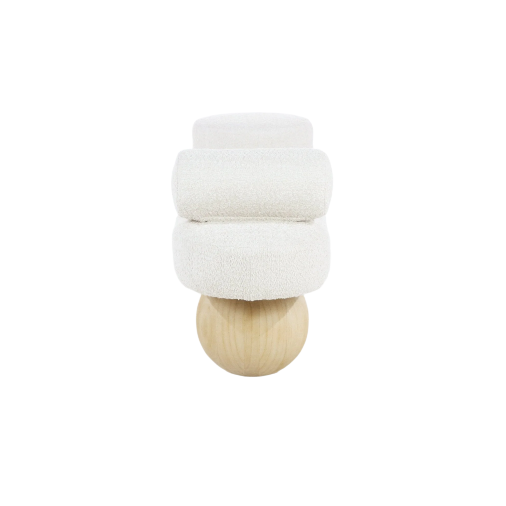 Front view of a modern backless end-of-bed bench upholstered in white boucle fabric, featuring stacked rounded cushions and a single natural wood spherical base.