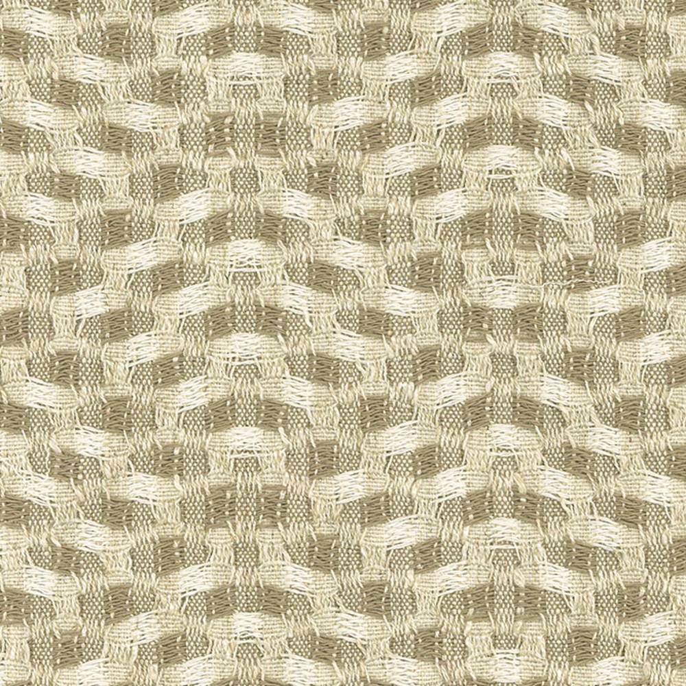 Close-up of textured woven upholstery fabric in beige and cream, showing a basketweave pattern with visible linen-rayon-polyester yarns and a slightly slubbed, natural texture.