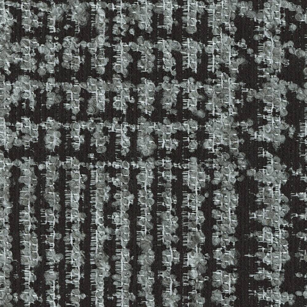 Close-up of a contemporary gray upholstery fabric showing a dark charcoal base with light gray looped yarns creating a textured, irregular vertical stripe pattern; 29% viscose, 11% acrylic, 60% polyester.