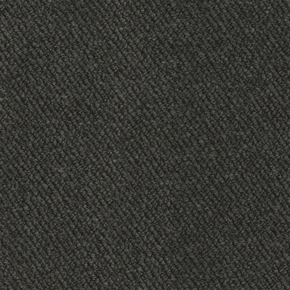 Close-up of a charcoal neutral upholstery fabric showing a tight diagonal woven loop texture in a wool, linen, viscose, acrylic and polyester blend.