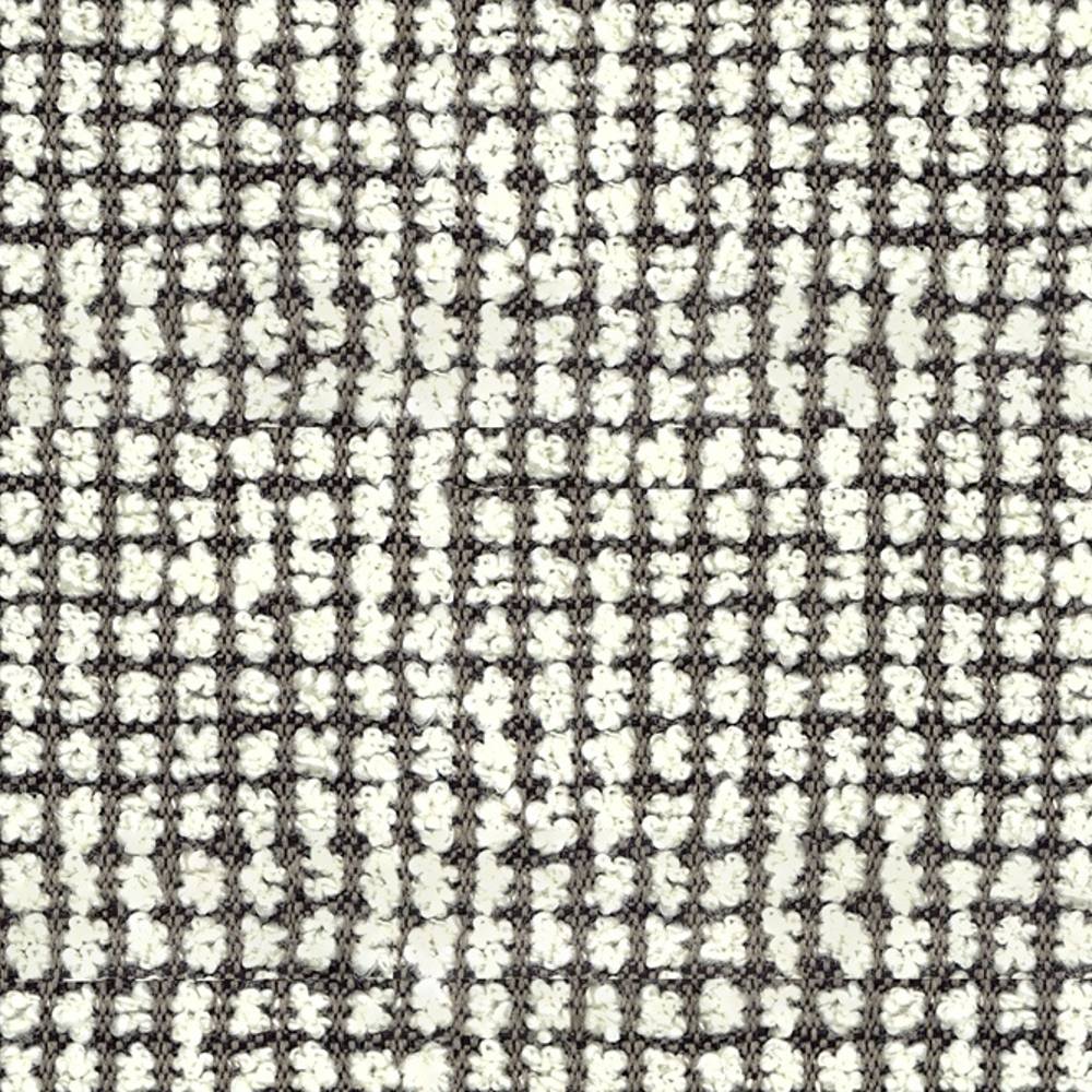 Close-up of cream boucle woven upholstery fabric with a charcoal grid forming a small-scale check pattern; looped wool-acrylic-polyester yarn creates a textured neutral fabric for sofas.
