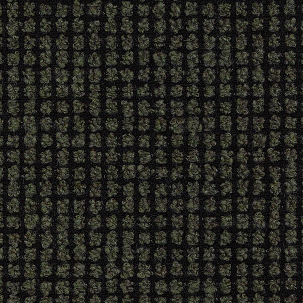 Close-up of olive green and black boucle sofa fabric showing a small grid-like looped woven texture, 25% wool, 40% acrylic and 35% polyester blend for upholstery.