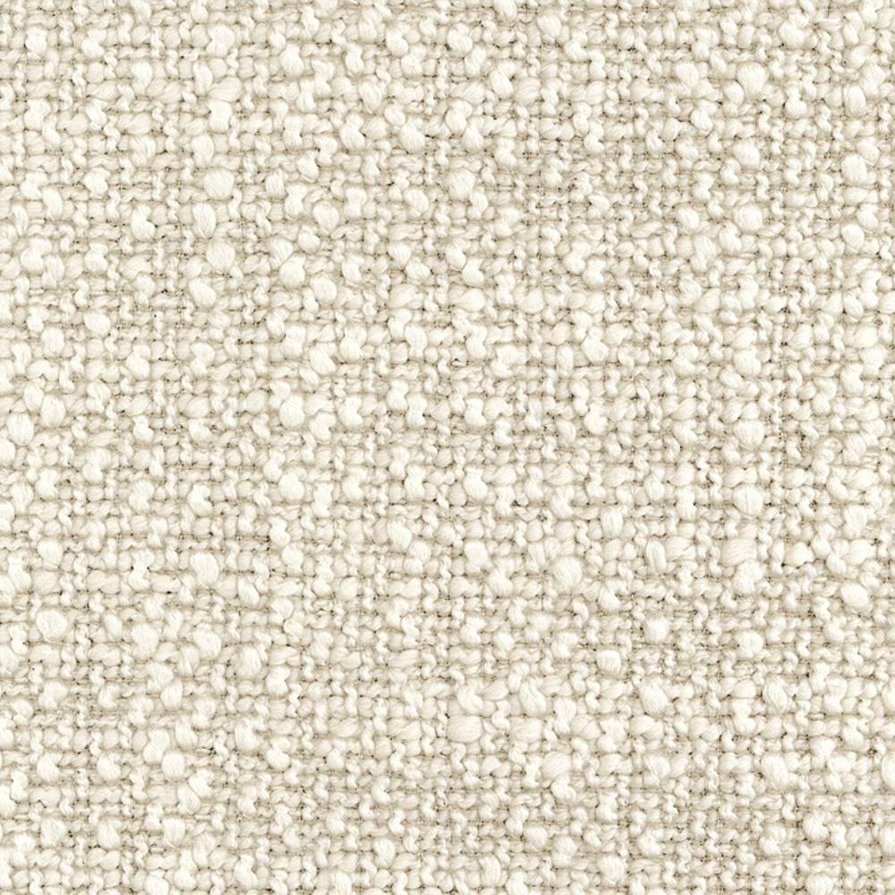 Close-up of cream-colored looped bouclé upholstery fabric, 73% rayon and 27% triacetate, showing a textured tight-loop slub weave suitable for sofas and heavy-duty indoor upholstery.