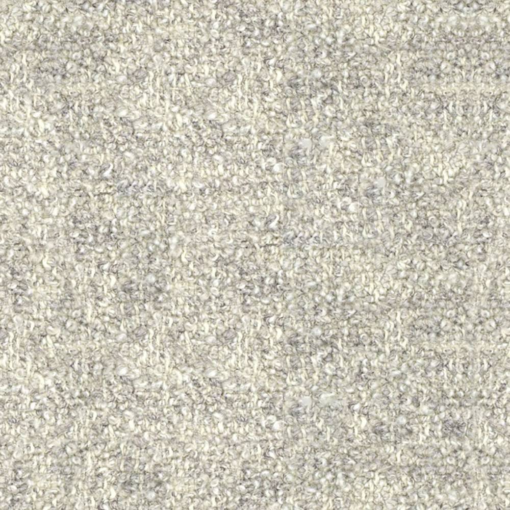 Close-up of cream boucle upholstery fabric swatch showing a looped, nubby texture with subtle grey flecks; 25% wool, 50% acrylic and 25% triacetate blend suited for contemporary sofa upholstery.