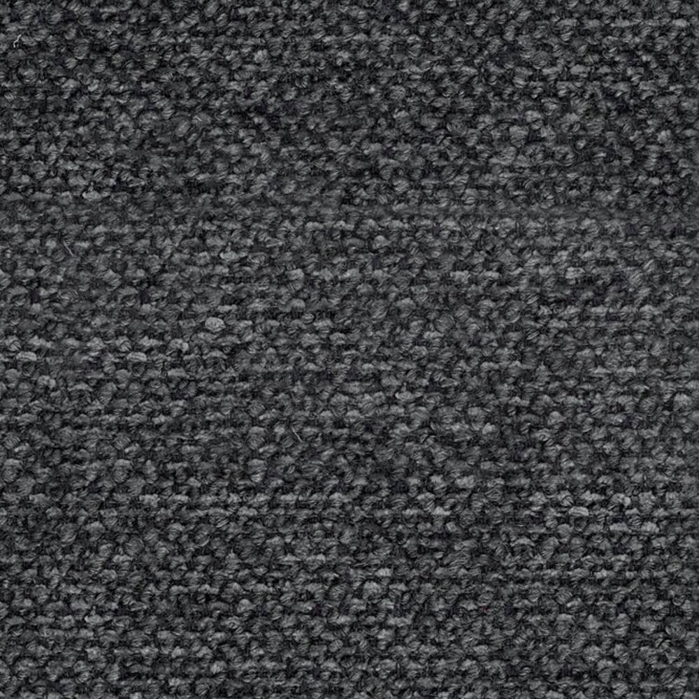 Close-up of charcoal grey boucle upholstery fabric showing dense looped texture and soft wool-blend fibers, suitable for contemporary sofa upholstery.