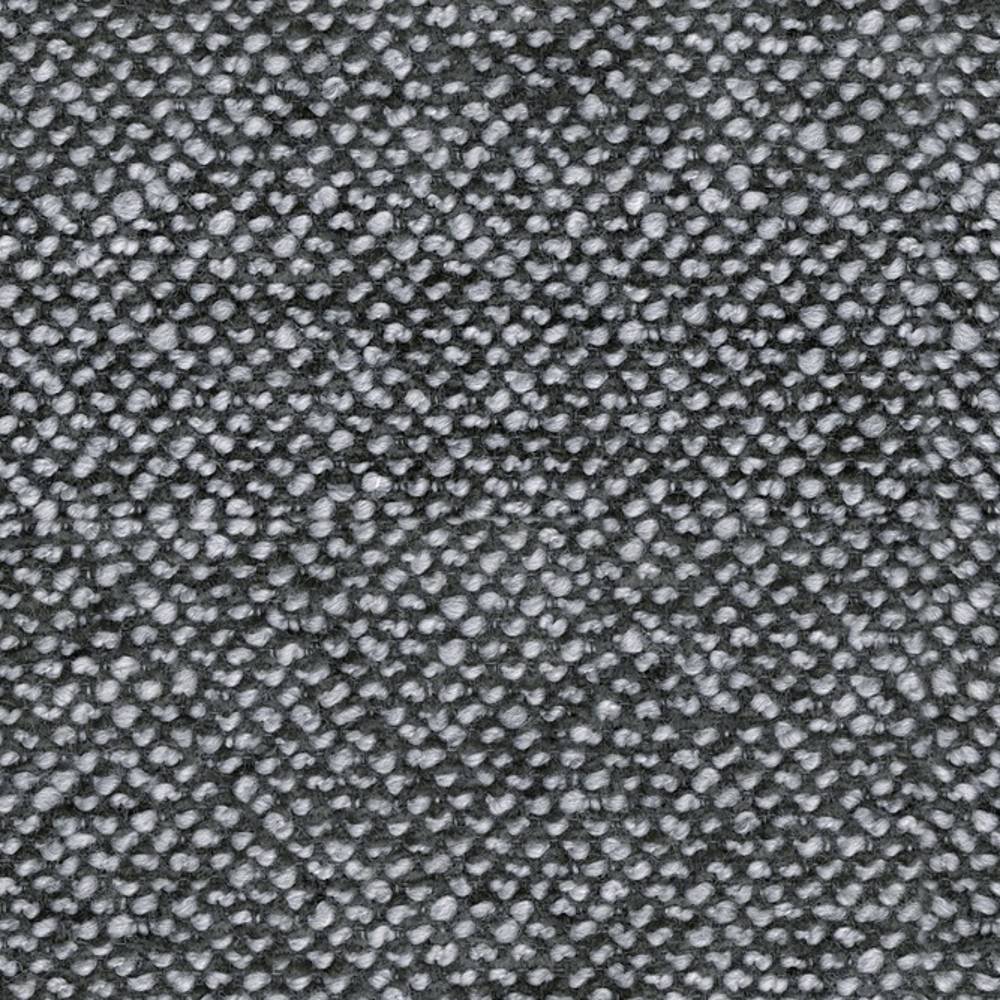 Close-up of charcoal and light gray boucle upholstery fabric showing dense, pebbled loop texture; a soft wool-blend weave suited for contemporary sofas and durable indoor upholstery.