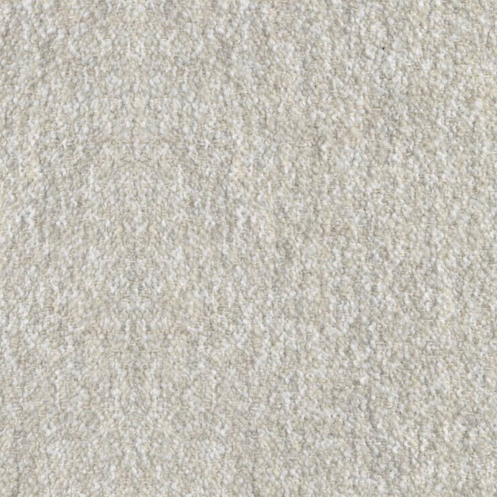 Close-up of cream boucle felted wool-look upholstery fabric showing nubby, looped texture; durable wool-blend (20% wool, 25% acrylic, 40% triacetate) ideal for sofa upholstery.
