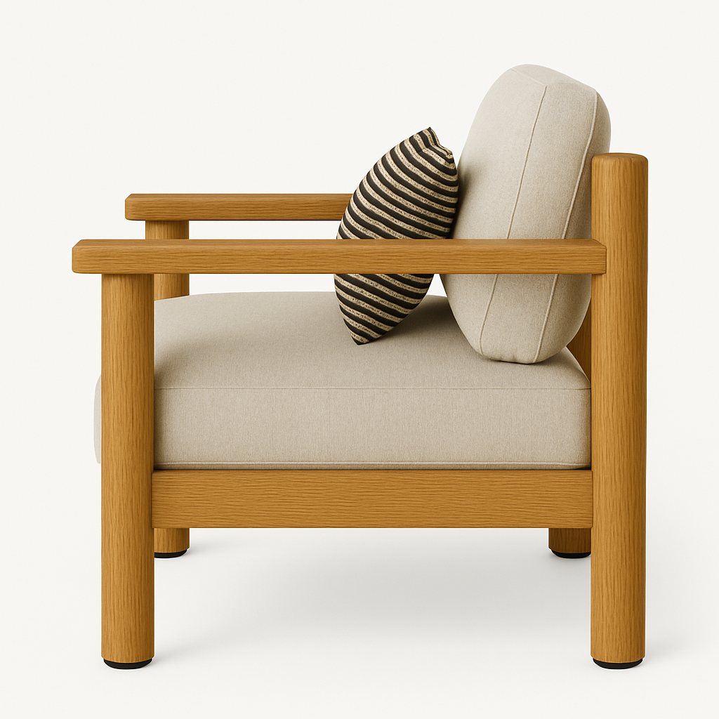 Side view of a teak-framed club chair with natural wood finish, beige all-weather seat and back cushions, wide teak arms and rounded legs, styled with a small black-and-beige striped accent pillow.
