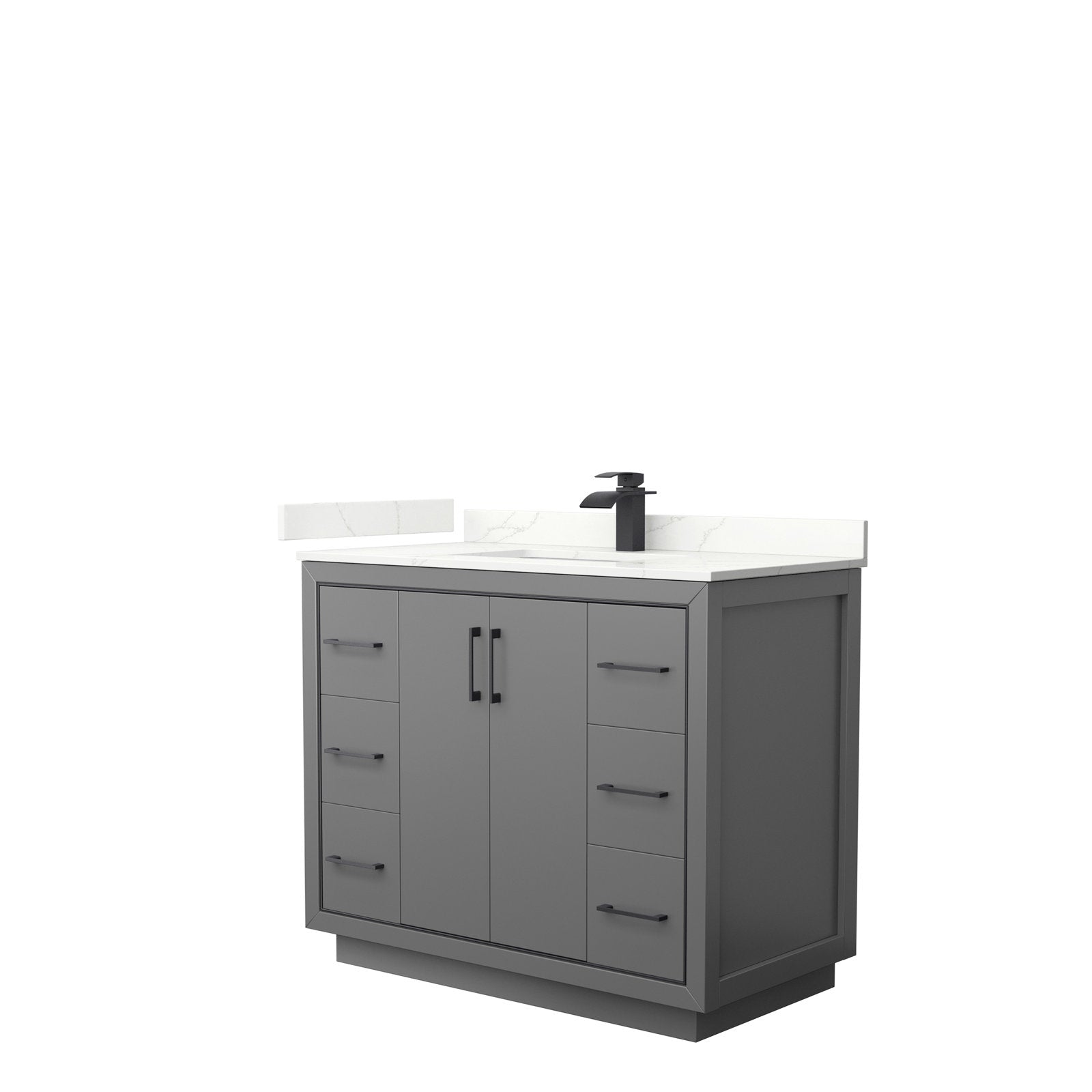 42-inch modern solid wood bathroom vanity in stone finish with a white stone top and integrated ceramic sink, matte black single-handle faucet, black pull hardware, freestanding cabinet with drawers and center doors.