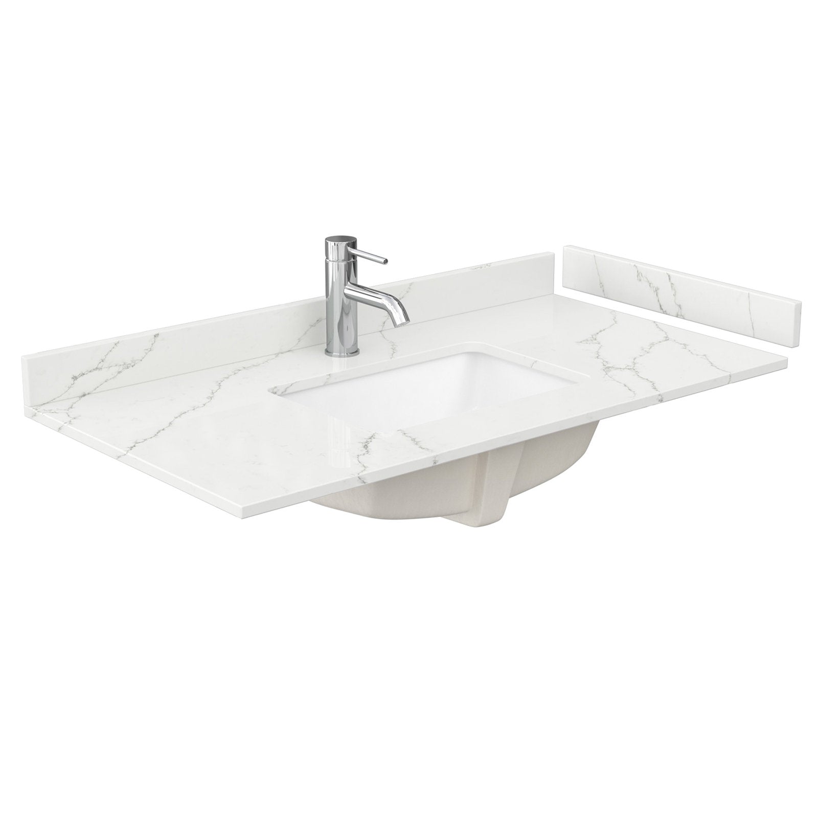 White stone-look vanity top with subtle gray marble veining, rectangular undermount white ceramic sink, single-handle chrome faucet and short backsplash pieces in a modern contemporary style.