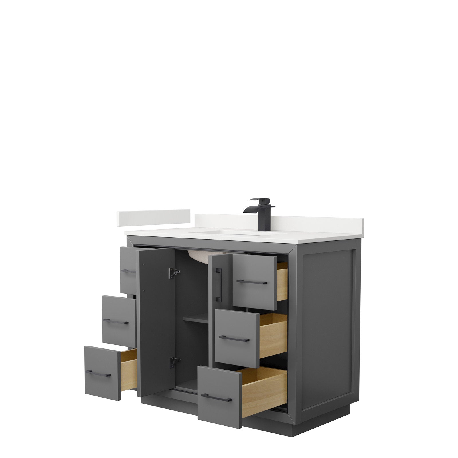 Modern 42-inch freestanding single-sink bathroom vanity in gray solid wood with a white stone top and black faucet, shown with multiple drawers open revealing natural wood interiors and an open central cabinet with shelf.