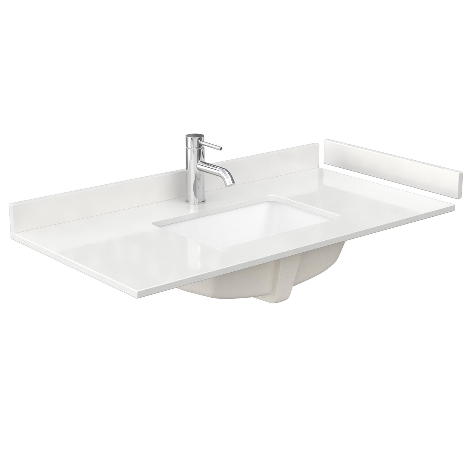 Stone-colored 42-inch vanity top in a modern style with an integrated rectangular sink, low backsplash and single-handle chrome faucet; underside of the undermount basin is visible.