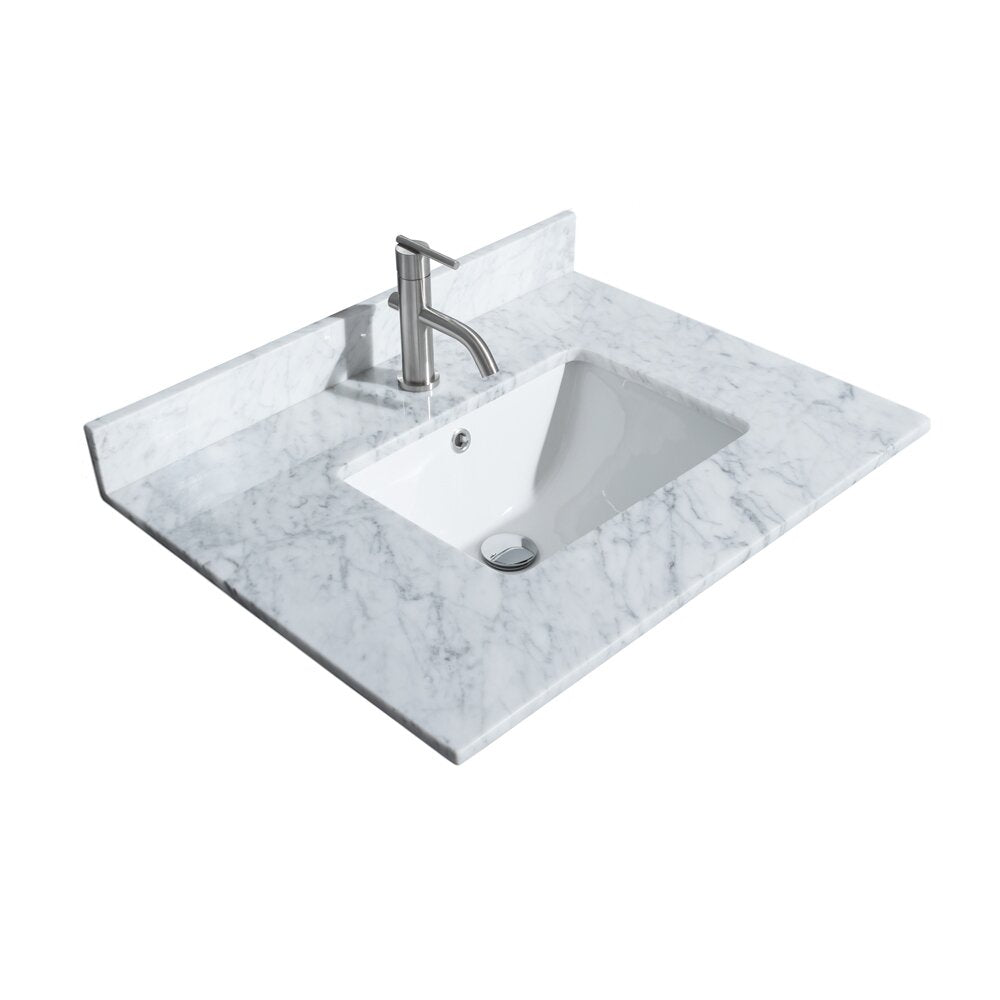 White marble stone vanity top with gray veining and integrated backsplash, featuring a rectangular white ceramic sink and a brushed-nickel single-handle faucet for a modern bathroom.