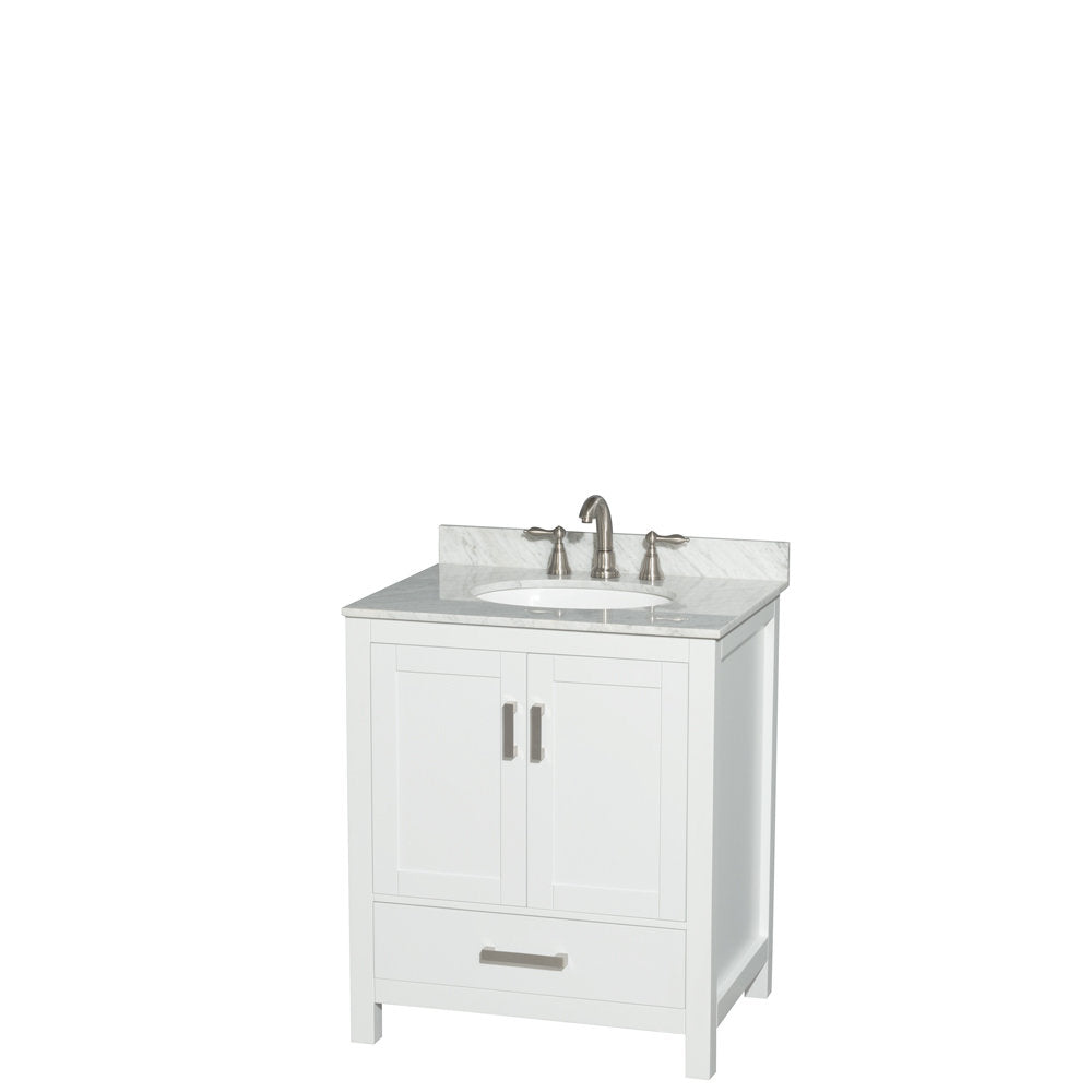 30-inch freestanding modern white solid wood bathroom vanity with a gray stone top and short backsplash, oval undermount ceramic sink, brushed nickel faucet and hardware, two cabinet doors and a lower drawer.