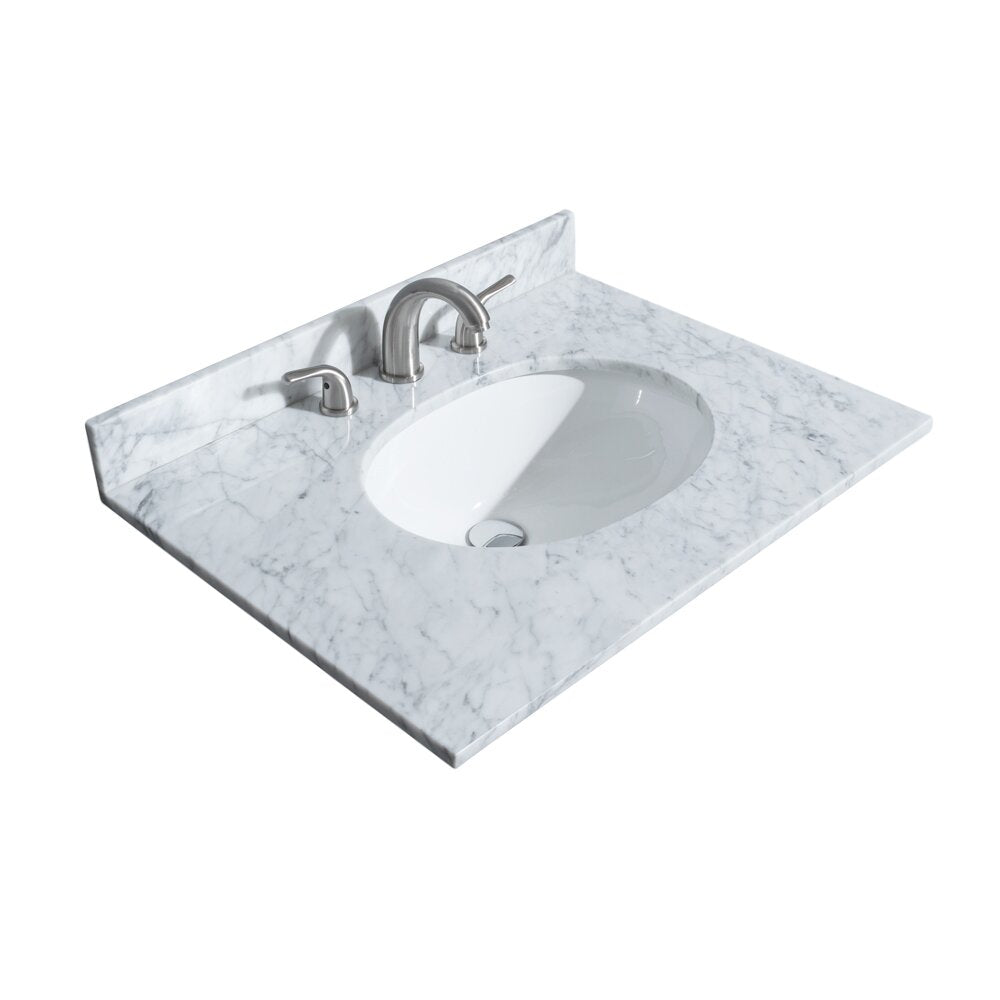 White marble stone vanity top with gray veining, integrated backsplash and oval white ceramic undermount sink, paired with a brushed-nickel widespread faucet and handles for a modern single-sink bathroom vanity.