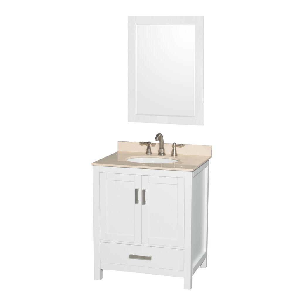 Modern white shaker single-sink bathroom vanity with stone countertop, undermount ceramic sink, brushed-nickel faucet and hardware, solid wood cabinet with two doors and a bottom drawer, shown with matching white framed mirror.