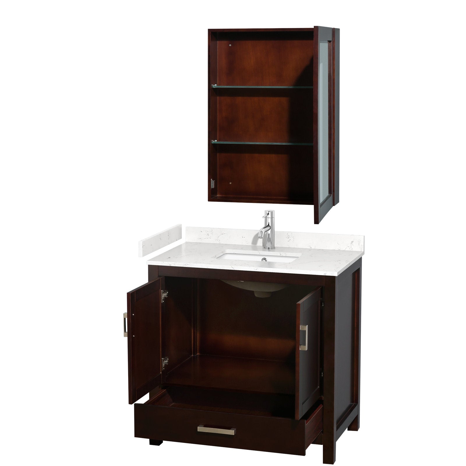 Modern solid-wood bathroom vanity in dark wood with a white stone countertop and undermount sink, chrome faucet, open cabinet doors and bottom drawer, plus a matching wall-mounted medicine cabinet with two glass shelves.