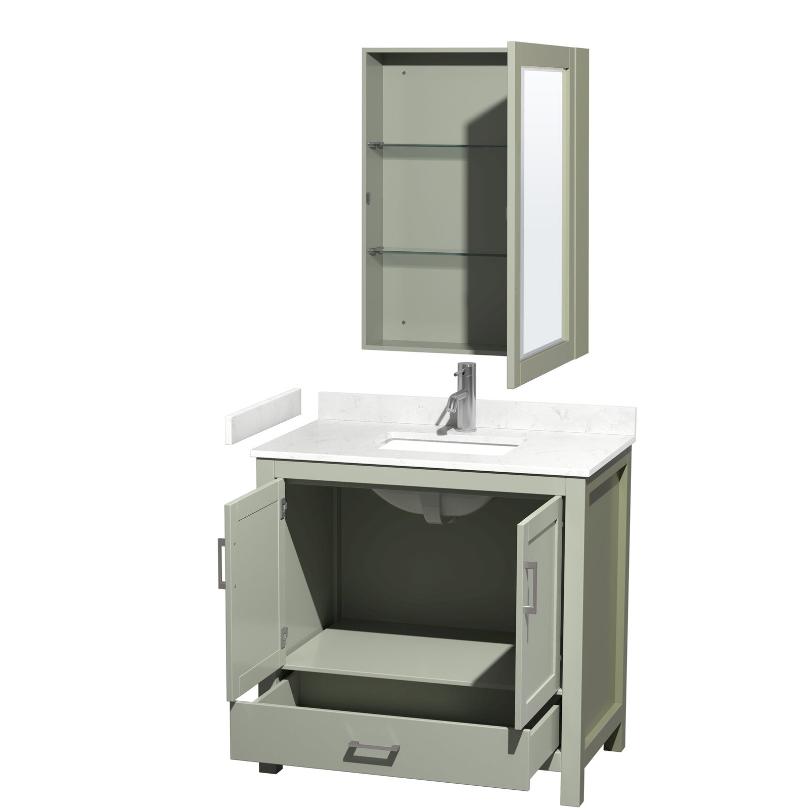 Stone-colored solid wood 36-inch freestanding bathroom vanity with white stone countertop and integrated rectangular sink, single chrome faucet, open lower cabinet and drawer, and matching wall-mounted mirrored medicine cabinet with glass shelves.